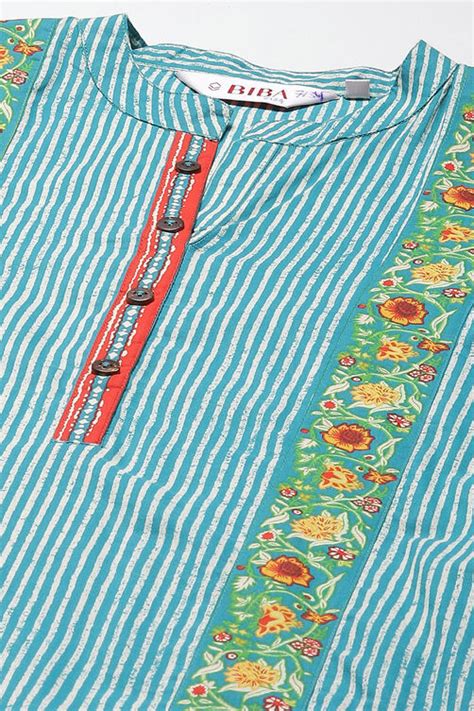 Teal Printed Cotton A-Line Kurta Palazzo Suit Set