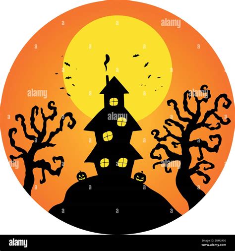 Witch or haunted house silhouette on the hill in a round shaped ...