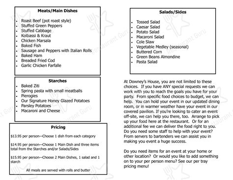 Menu at Downey's House restaurant, Robinson Township, Steubenville Pike