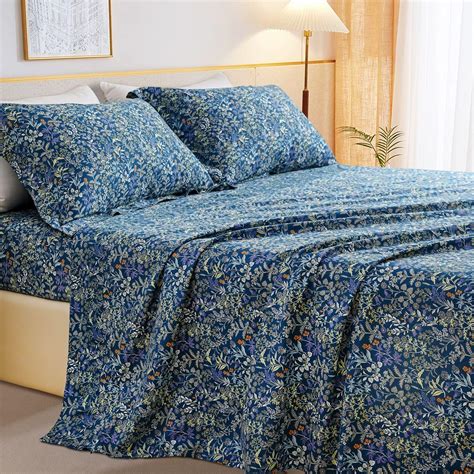 QSH 100% Cotton Sheets for King Size Bed - Blue Floral Plant Pattern ...