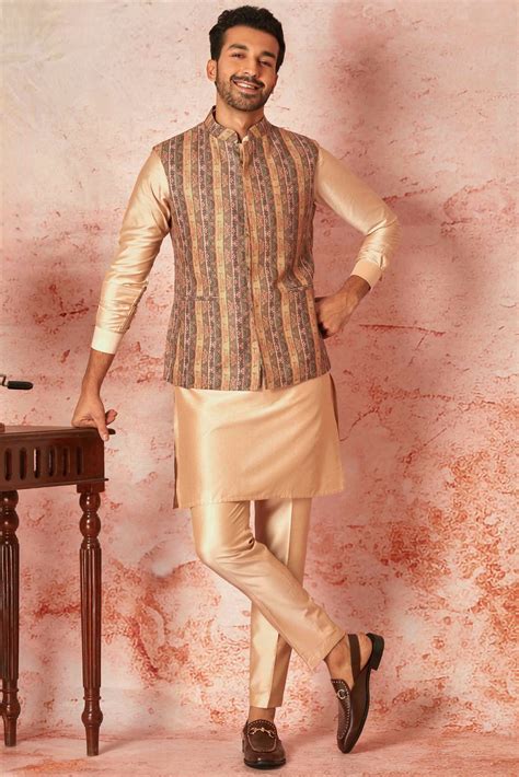 Shop Linen Bundi with Beige Silk Kurta & Pyjama Set Online – Asuka Couture