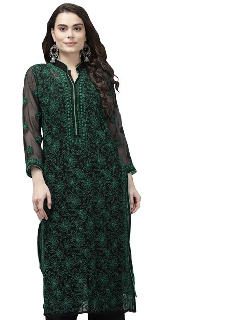 Buy Ada Women's Lucknowi Chikankari Handmade Faux Georgette Kurta Kurti ...