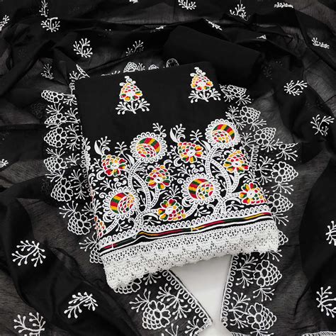 Wine Floral Embroidered Chanderi Cotton Dress Material