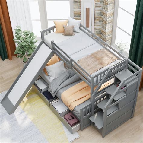 Buy Twin Over Full Bunk Bed with Storage and Slide,Stackable Wood Twin ...