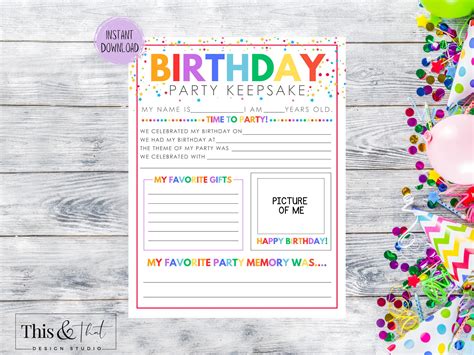 Birthday Party Keepsake Printable | Kids Printable Birthday ...