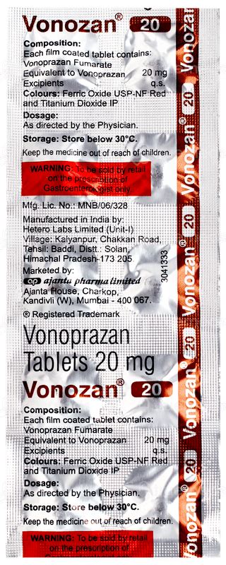 Vonozan 20 Tablet 10 - Uses, Side Effects, Dosage, Price | Truemeds