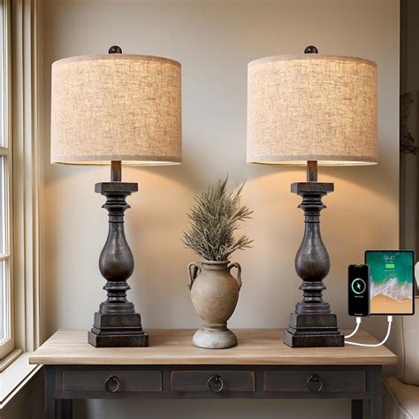 BOBOMOMO 27" Farmhouse Table Lamp Set of 2 with USB A+C for Bedroom ...