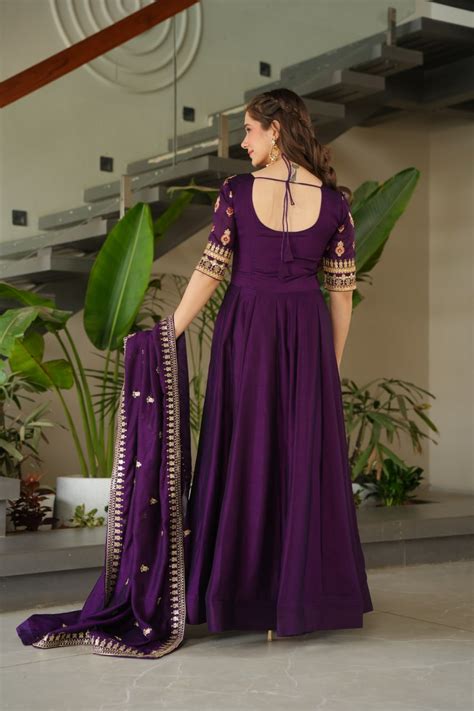 Purple Premium Vichitra Silk Gown with Sequins & Zari Em