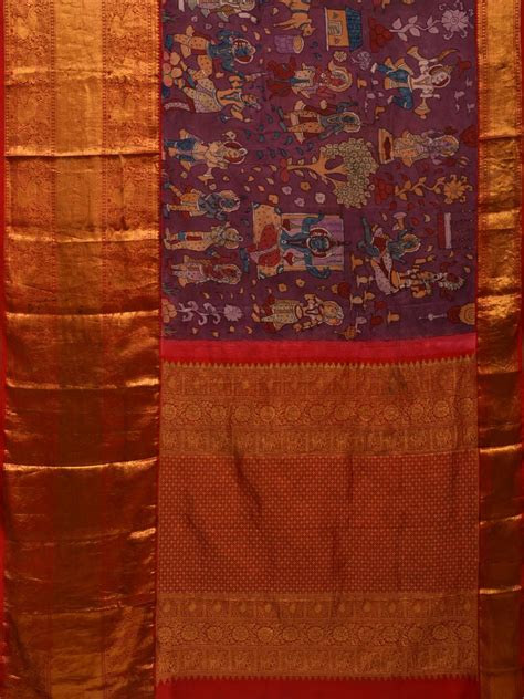 Purple Kalamkari Hand Painted Kanchipuram Silk Handloom Saree with Kri ...