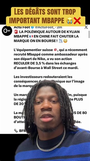 Les dégâts sont trop important mbappe 😭❌ 🚨 LA POLÉMIQUE AUTOUR DE KYLIAN MBAPPÉ 🇫🇷 EN CHINE FAIT CHUTER LA MARQUE ON EN BOURSE ! 📉😳 L’équipementier suisse 🇨🇭, qui a récemment recruté Mbappé comme ambassadeur après son départ de Nike, a vu son action RECULER DE 3,5 % dans les échanges d’avant-Bourse à Wall Street ce mardi. Les investisseurs redouteraient les conséquences de la polémique sur l’image de la marque en Chine. Un marché STRATÉGIQUE pour On, puisque la région Asie-Pacifique repr