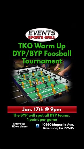Events Sports Grill on Instagram: "⚽️ Hands fast. Shots faster. Bragging rights on the line. DYP / BYP Foosball Tournament 📅 Saturday, January 17 ⏰ 9PM 💸 $10 entry Grab a partner or roll solo—let’s spin some rods and settle it on the table. #FoosballTournament #GameOn #BarGames #FoosballLife #SaturdayNightCompetition"