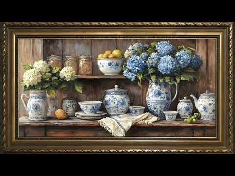 Hydrangeas and Porcelains, Rustic Vintage Oil Painting | Gold Framed TV Art Screensaver