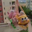 Cute Pink Star and Yellow Sponge Crochet Bag Charm | Backpack Pendant with Yarn Loop | Handmade Undersea Character Car Mirror Accessory
