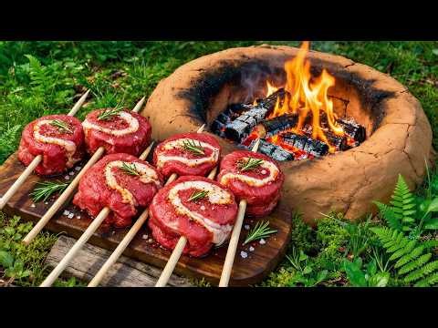 Beef Lollipop Steaks Cooked Over Fire | Bushcraft Cooking