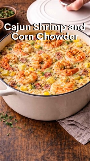 Cajun Shrimp and Corn Chowder 🍤🌽 A rich, comforting Southern-style chowder loaded with juicy shrimp, sweet corn, tender potatoes, and warm Cajun spices. Creamy, cozy, and perfect for any season. 🧾 Ingredients (Serves 4–6) 1 lb (450 g) shrimp, peeled and deveined 2 tbsp olive oil or butter 1 small onion, finely diced 3 cloves garlic, minced 1 red bell pepper, diced 1 cup smoked sausage, sliced (optional) 2 cups potatoes, peeled and diced small 2 cups corn kernels (fresh or frozen) 3 cups seafo