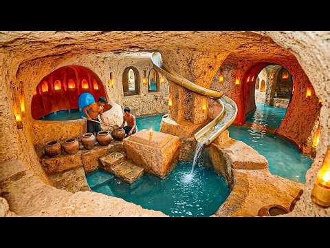 220 Days Building Clay Cave Mansion Beneath a Jungle Cliff with Hot Spring Pool Using Primitive Tool