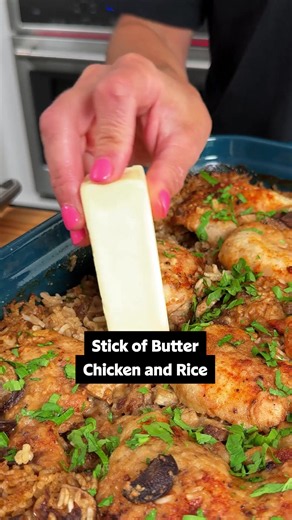 This is dinner on easy mode! 🍲 Stick of Butter Chicken and Rice will be your best friend in the kitchen when you don’t feel like spending hours over the stovetop! Want to make it later? Save this recipe in @myrecipes so it's ready when you are. Ingredients: 2 cups white rice 1 (10.5-ounces) can condensed French onion soup 2 (10.5 ounce) cans condensed beef consomme 8 ounces baby portobello mushrooms, roughly chopped 1 cup grated Pecorino Romano or Parmesan cheese, divided 1 stick butter, cut in