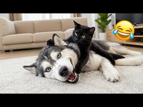 Black Cat Thinks the Husky Is a Giant Toy 😂 | Funniest Dog & Cat Friendship Ever Caught on Camera