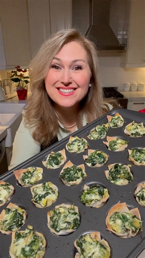 Jenn’s Spinach Bites •Cut wonton wraps into quarters •Spray mini muffin tray and fit squares inside (makes 48 or cut recipe in half to make 24) Bake in oven at 350°F for 5 min Filling 8oz cream cheese 1/2 cup sour cream 1/2 cup mayo 10oz frozen spinach 14oz can artichoke hearts (chopped) 2 garlic cloves minced 1/2 cup grated Parmesan 1/2 cup mozzarella Fill and back in the oven for 10 more min | Jennifer Valentyne