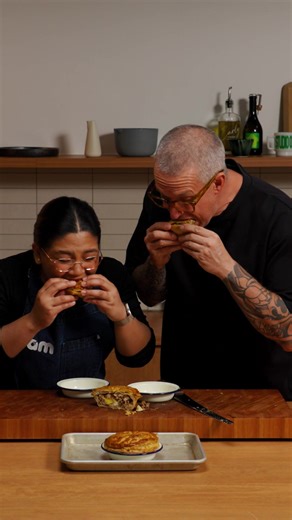 Adobo Meat Pie with the legend @Abi Marquez Chicken Adobo Pie Ingredients - 6 chicken thigh fillets - 2 tbsp peanut oil - Sea salt, to season - 20 black peppercorns - 1 head garlic - 2 star anise - 3 bay leaves - 100ml (3.5 fl oz) coconut vinegar - 80ml (2.7 fl oz)) Filipino soy sauce - 1 tbsp cornflour (cornstarch) - 2 cups cooked rice - 2 hard boiled eggs - 375g shortcrust pastry - 375g puff pastry - 1 egg, beaten Method 1. Trim the chicken thighs and chop into bite-sized pieces. 2. Heat the o