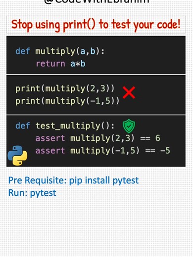 Stop using print() to test your code! 🛑 Senior developers use Pytest. 🧪 In this video, I’ll show you how to write your First Test with Pytest. We’re keeping it simple by putting the logic and the test in a single file—perfect for small projects and quick iterations. 💡 Pro Tip: Always prefix your test functions with test_ so Pytest can find them automatically! Ready to level up? Hit that follow button for more Python gems! 💎 #pythonprogramming #Pytest #BackendDeveloper #ProgrammingLife #TechE