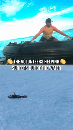 Let's hear it for the volunteers at Olympic surfing, out on the waves bringing the athletes back to shore! 👏🚤 Here's Jordy Smith catching a lift at Paris 2024.#Olympics #Surfing