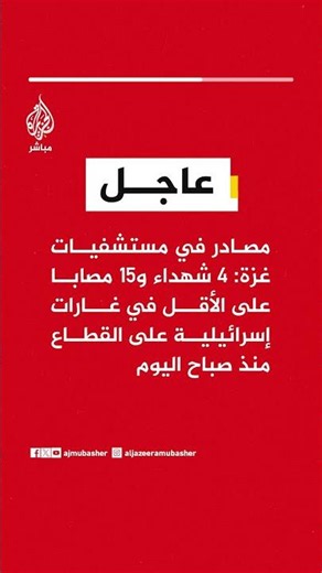 مصادر في مستشفيات غزة: 4 شهداء و15 مصابا على الأقل في غارات إسرائيلية على القطاع منذ صباح اليوم