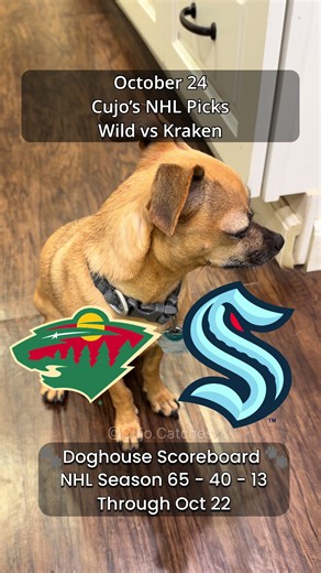 Minnesota Wild (6-3-2) vs Seattle Kraken (7-3-1) — Climate Pledge Arena, Seattle, Washington — October 24, 2026 🏒 NHL 2026–27 Regular Season 🐕 Cujo’s NHL Record: 65-40-13 Cujo gets two balls and makes the call. (For entertainment only) #Wild #Kraken #NHL #CujoCatches #CujoPicks