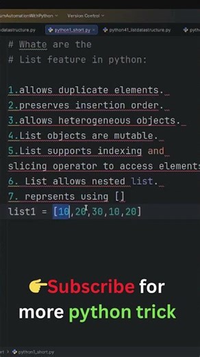 66 : Features of List in Python Explained in 30 Seconds! 🐍🔥 | #shorts #pythonprogramming