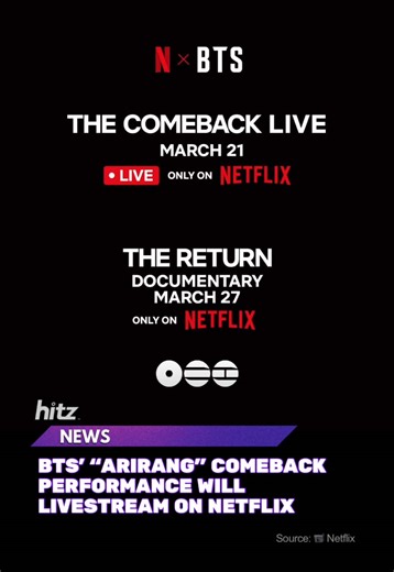 BTS is set to make their comeback with a live concert titled ARIRANG, streaming exclusively on Netflix on March 21, one day after the album’s release. The performance will take place in Seoul and marks the group’s first major activity together ahead of their upcoming world tour. Netflix will also release a documentary, BTS: The Return, on March 27, offering a behind the scenes look at the group’s reunion and the making of ARIRANG following their time apart. Source: rollingstones @BTS #HITZnews #