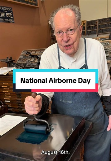 August 16th is National Airborne Day! It is on this day in 1940 that the first official Army parachute jump took place at Ft. Benning, Georgia. This jump validated the innovative concept of inserting United States ground combat forces behind an enemy line by parachute. For today, Howard letterpress printed a woodcut from the Eleanor McClatchy Collection. The print depicts a man and a parachute but we don’t think he is using the parachute safely or correctly. This was printed with green rubber ba