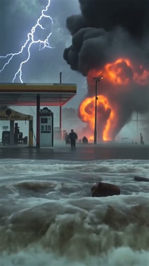 🔥⚡️ Lightning-Struck Gas Station Explosion Amid Torrential Flooding! ⚠️🌊
