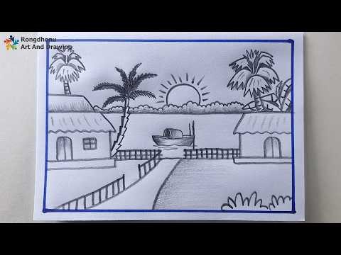 Beautiful Village Scenery Drawing Easy | River Boat Hut Coconut Tree Landscape Pencil Sketch