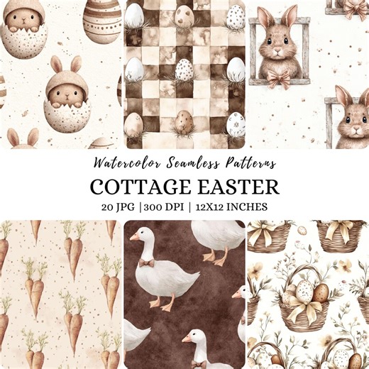 Watercolor Cottage Easter Patterns, Brown Easter Bunny Pattern, Happy Easter Digital Paper, Rustic Background, Easter Eggs Seamless - Etsy