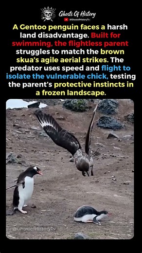 A Skua Targets a Penguin Chick #GentooPenguin #BrownSkua