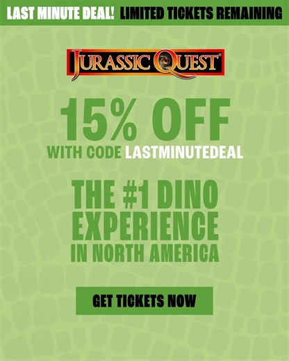 🦖 Dayton, OH — WE ARE ALMOST SOLD OUT! Jurassic Quest is roaring into Dayton, OH THIS WEEKEND, and only a handful of tickets remain! This is your last chance to experience North America’s BIGGEST dinosaur adventure — and to save 15% with code LASTMINUTEDEAL before everything is gone. WHAT TO EXPECT: 🦕 Meet adorable baby dinosaurs 🔦 Dig for ancient fossils 🦖 Ride life-sized dinosaurs 💫 Explore LEGO®-themed play zones, crafts, inflatables & Glow Zone fun 🏎 Race on the 35' Dino Derby Track 🎟