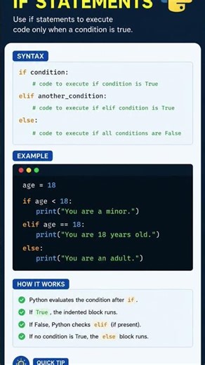 The if statement in Python is a simple way to control your code based on conditions. #programming
