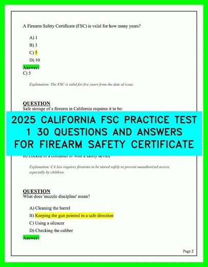 2026 CALIFORNIA FSC PRACTICE TEST 1 30 QUESTIONS AND ANSWERS FOR FIREARM SAFETY CERTIFICATE