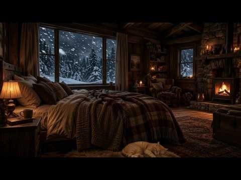Peaceful Sleep in a Cozy Snow Cabin ❄️ Heavy Blizzard, Fireplace