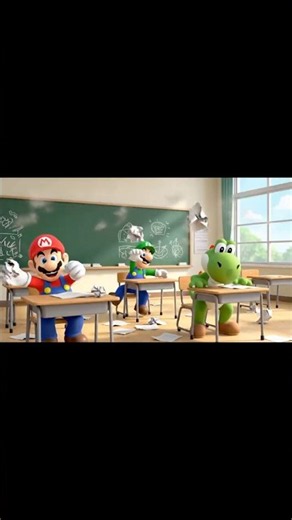 Mario and Yoshi went to class,kicked off a paper fight. everyone races home, chaotic adventure!🍄🛤️