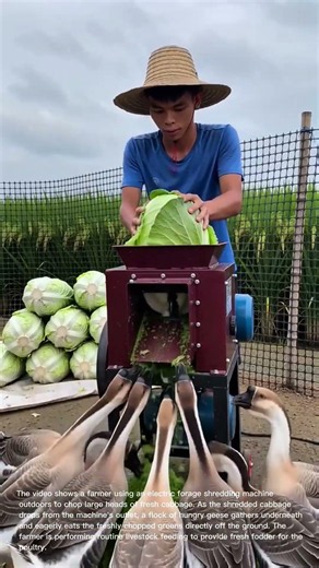 Shredding Cabbage with Electric Machine to Feed Eager Geese