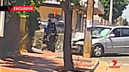 EXCLUSIVE: Three people have cheated death in a remarkable Woodville Gardens car crash. 7NEWS has obtained dramatic vision of the moment an out-of-control car ploughs into an innocent motorist, narrowly missing a mobility scooter rider. | 7NEWS Adelaide