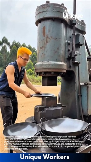 Giant Industrial Power Hammer Shaping Woks: Man Presses Flat Metal Sheets into Wok Pans