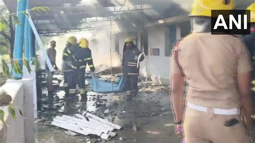 #WATCH | Tamil Nadu: A massive explosion occurred at a firecracker factory in Kattanarpatti near Virudhunagar. 16 people died and 6 were injured; visuals from the spot(Video source: Fire and Rescue Department)