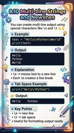 Python Newlines: Use \\n for new line, \\t for tab space. "Hello\\nWorld" prints on 2 lines. #python 🚀.