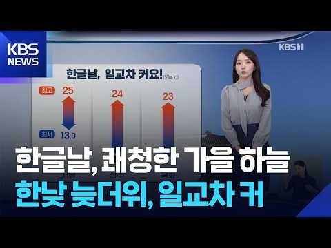 [날씨] 한글날, 쾌청한 가을 하늘…한낮 늦더위, 일교차 커 / KBS 2026.10.09.