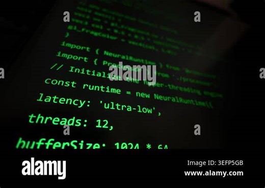 Green lines of programming code scroll across a black computer monitor in a dark room environment. Concept of artificial intelligence development, machine learning software, and cybersecurity Stock Video Footage - Alamy