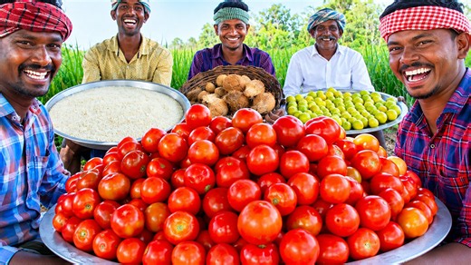 Village cooks prepare a generous spread of tomato, coconut and lemon rice