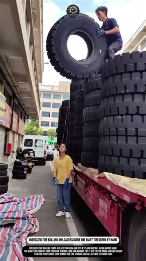 Oversized Tire Rolling: Unloaders Guide the Giant Tire Down by Hand #innovation #worktool #process