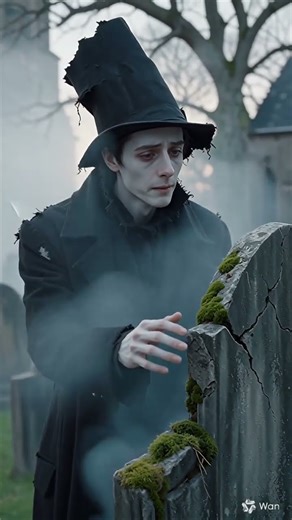 In a desolate old cemetery, a ghostly young man in Victorian clothes #ai